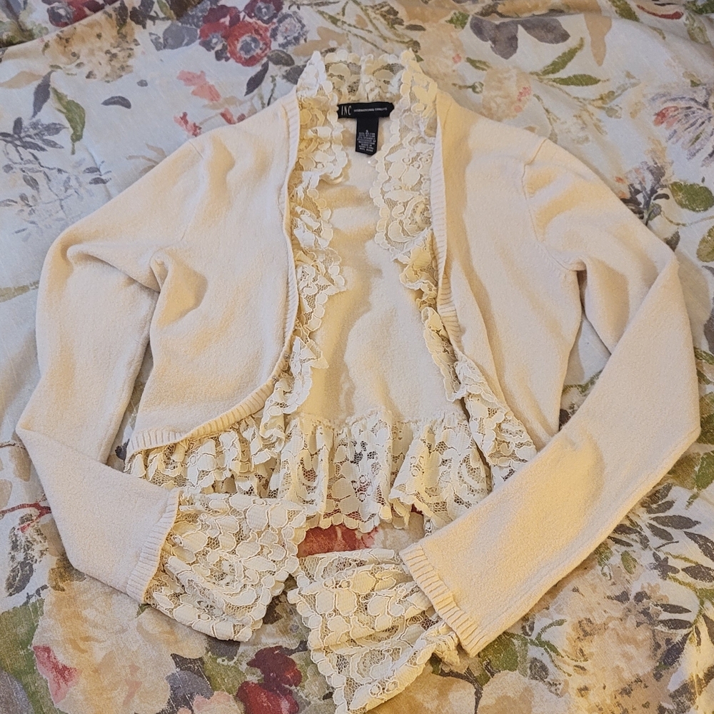 INC International Concepts Cream Lace Trim Sweater